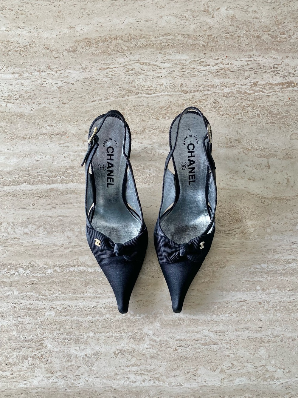Vintage Chanel Satin Grosgrain Pearl CC Bow Slingback Heels
